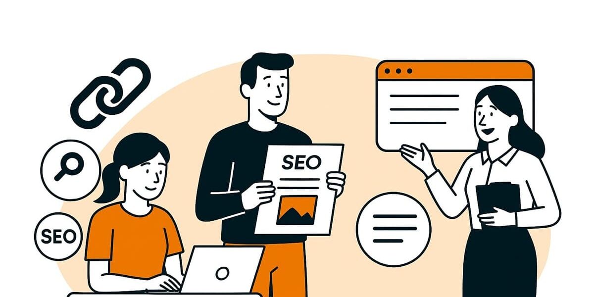 illustrazione per la creazione di contenuti SEO, con elementi visivi legati a backlink, copywriting e ottimizzazione.